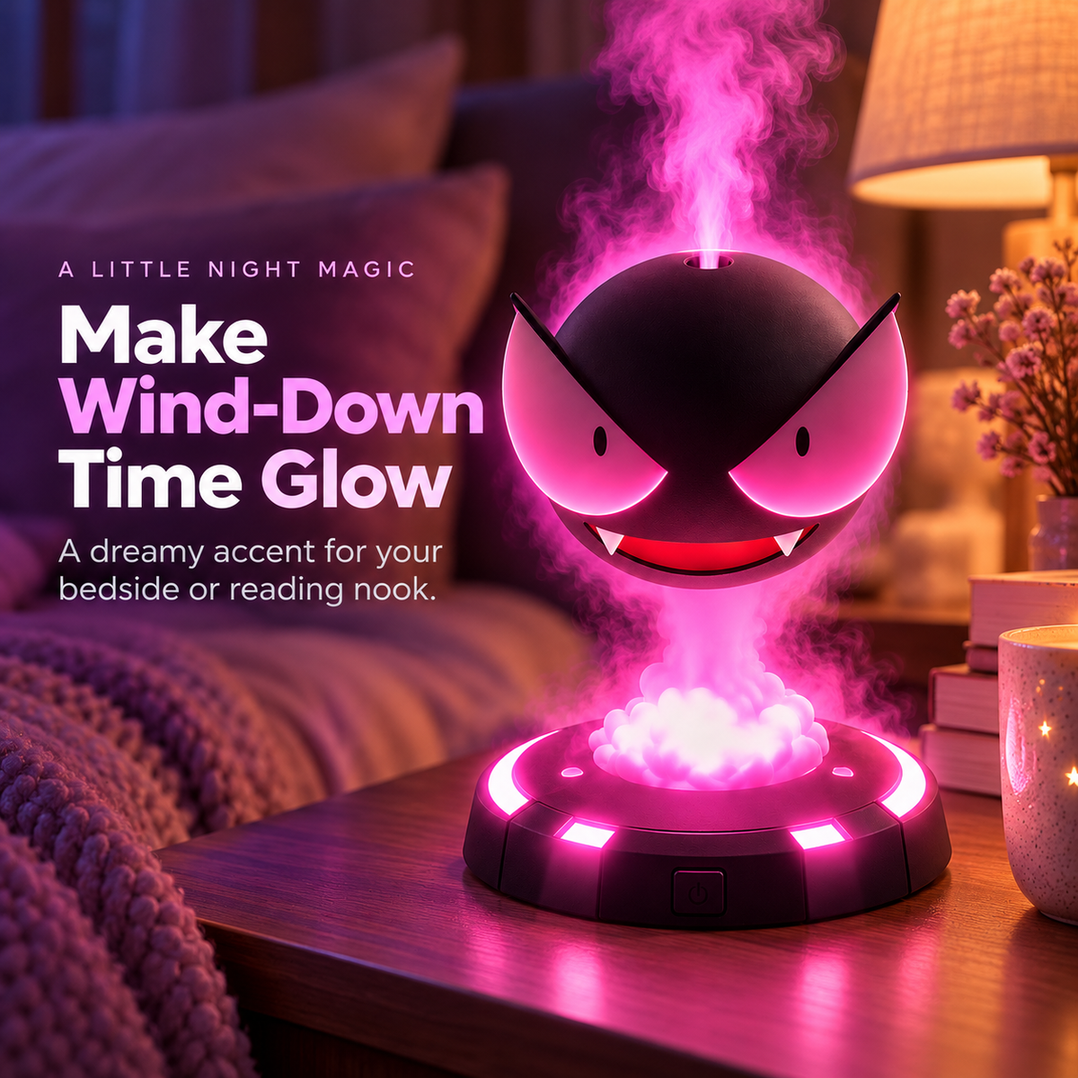 GlowMist diffuser glowing on a bedside table