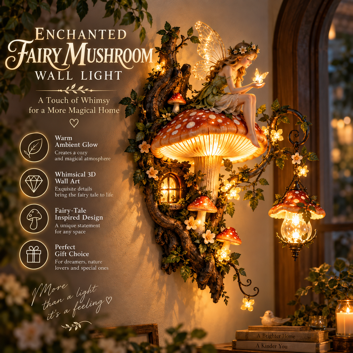 Enchanted Mushroom Fairy Wall Light glowing in a warm fantasy room