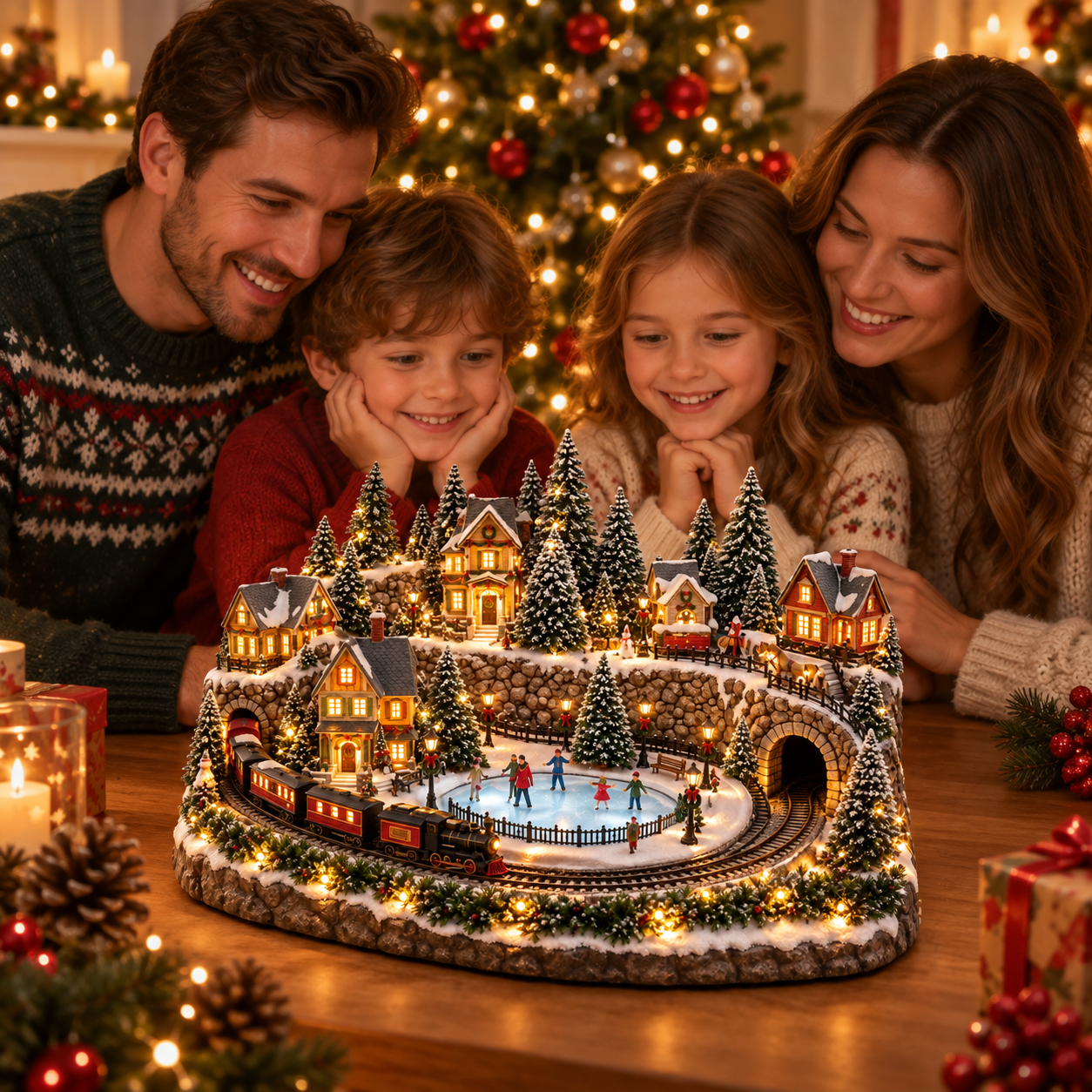 Snowy Christmas Village miniature skating rink and red train viewed by a family