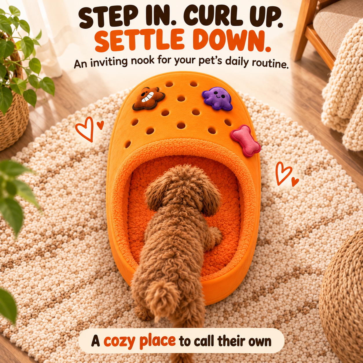 Small dog approaching the wide front opening of the orange slipper pet bed