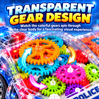 🚓 Transparent Gear Police Toy Car – Spinning Gears, LED Lights & Music