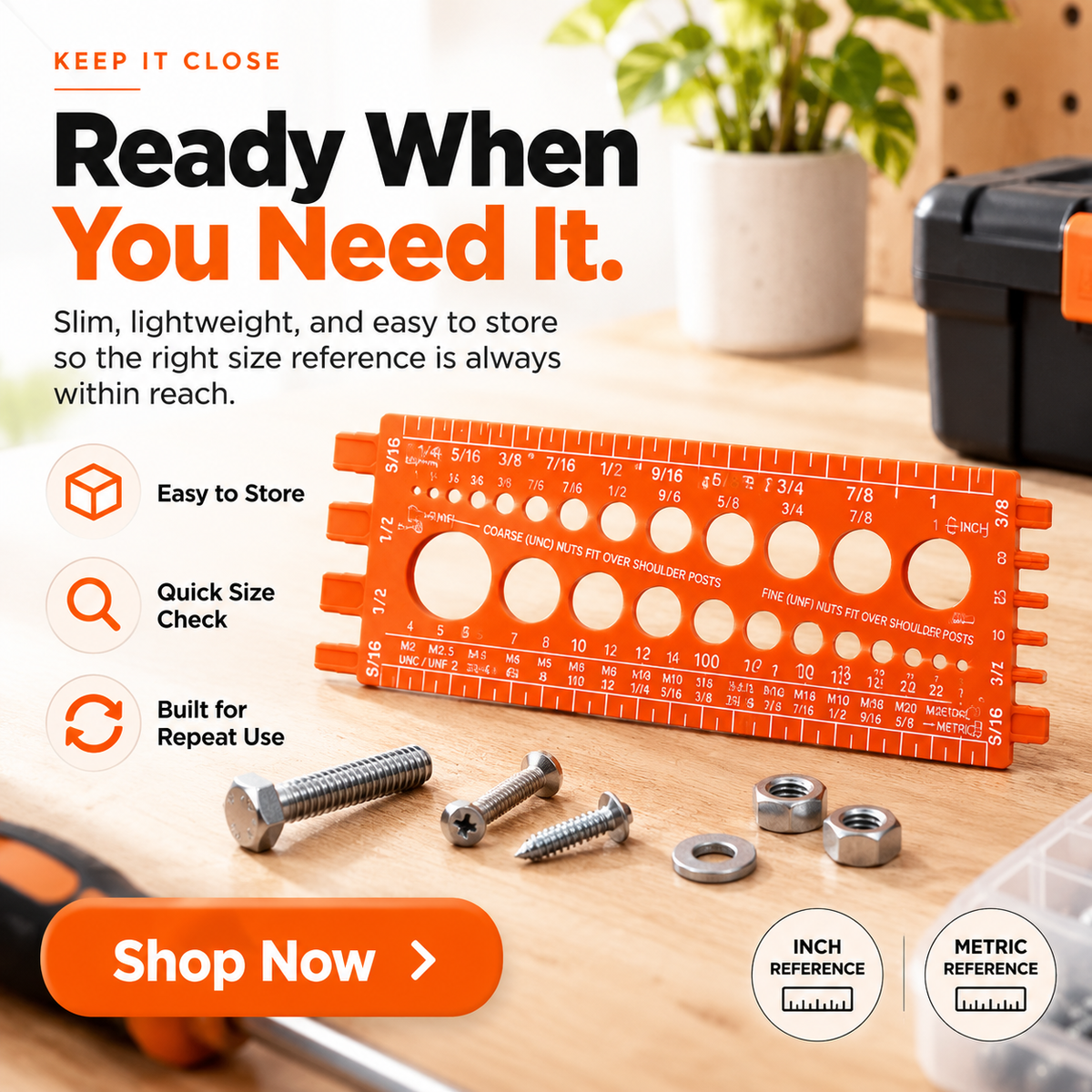 Compact flat screw nut and bolt size checker stored near a toolbox