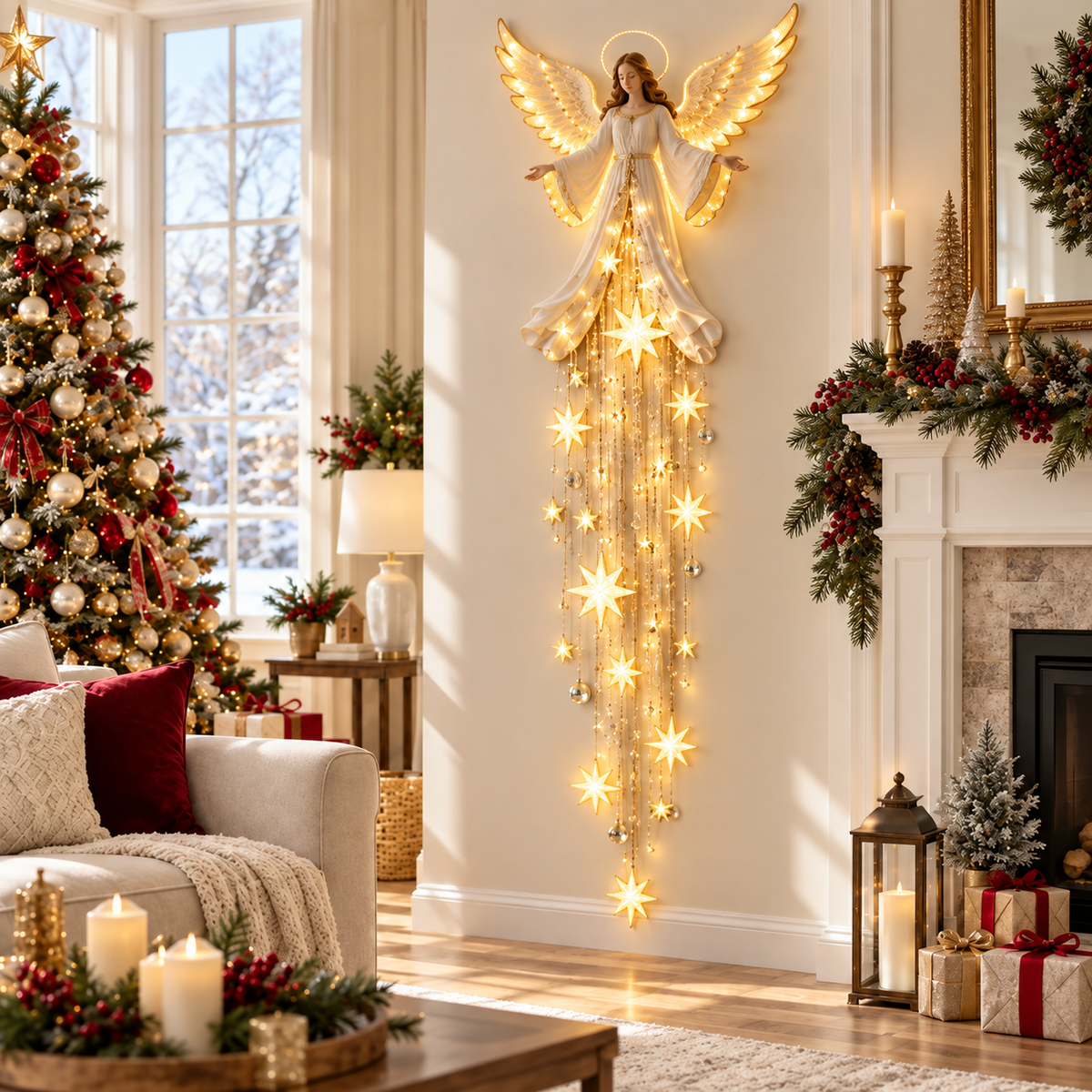 Christmas Angel Wall Light Decor, Warm LED Lighted Angel with Hanging Star Lights, Elegant Holiday Wall Decoration for Home, Living Room, Bedroom & Entryway