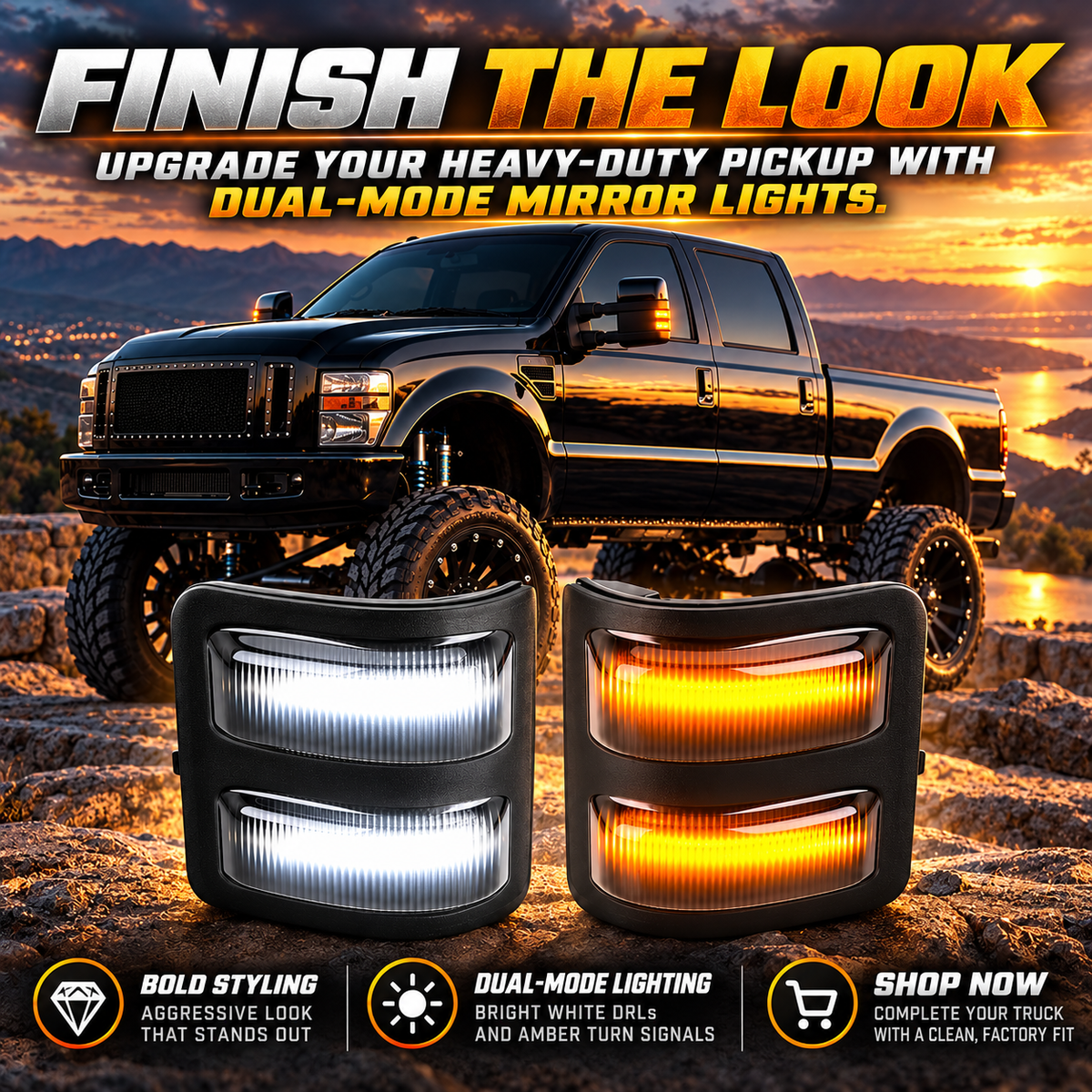 Dual-Mode LED Mirror Lights – White & Amber Turn Signal Upgrade for Heavy-Duty Trucks