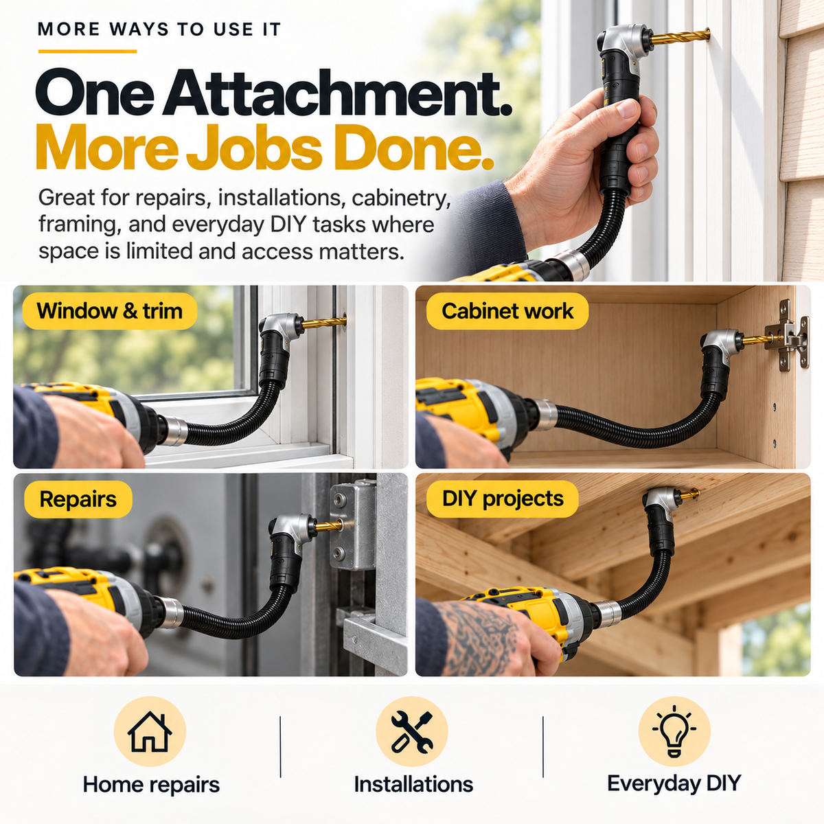 90° Right Angle Drill Adapter™ – Reach Tight Spaces Faster | Flexible Extension Shaft for Effortless Drilling