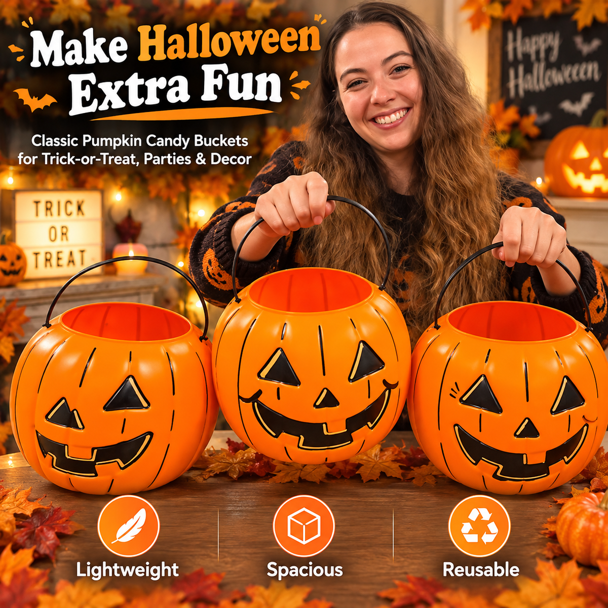 🎃 PumpkinPal™ Halloween Trick-or-Treat Candy Bucket – Classic Reusable Jack-O’-Lantern Basket