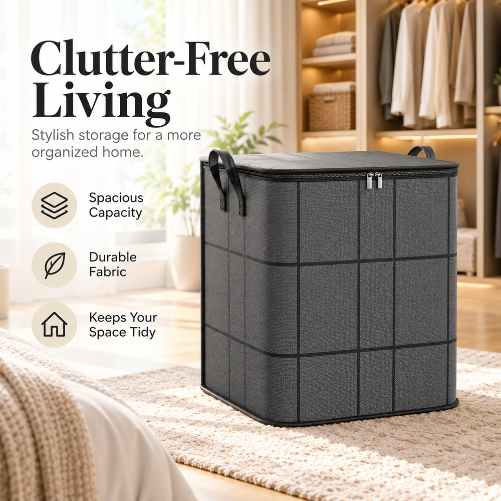 Charcoal fabric storage box with a closed zippered lid and side handles beside a closet