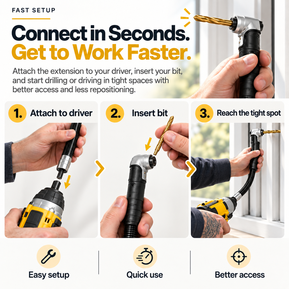 90° Right Angle Drill Adapter™ – Reach Tight Spaces Faster | Flexible Extension Shaft for Effortless Drilling