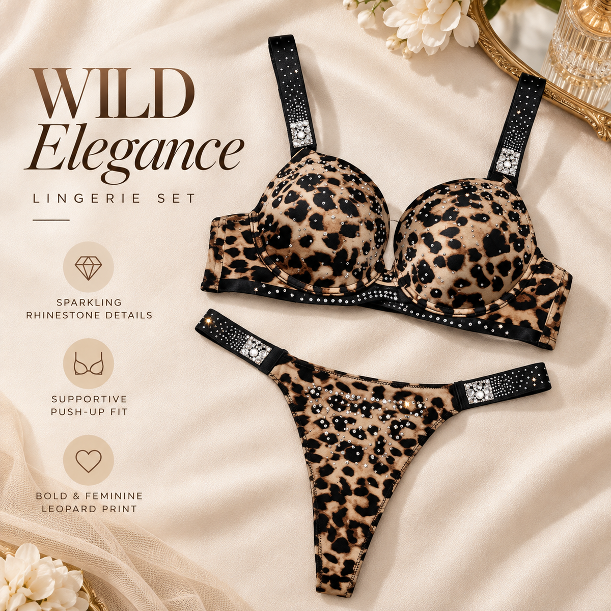 Sparkling leopard-print two-piece lingerie set featuring a molded-cup bra, black decorative straps, rhinestone accents and matching thong