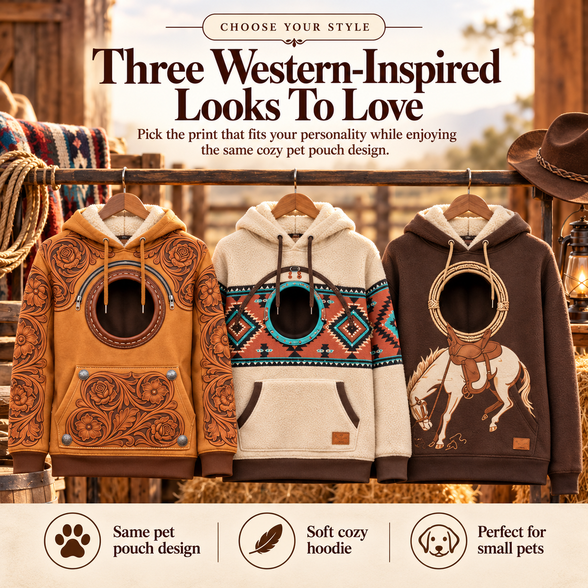 Western Pet Carrier Hoodie for Women, Cozy Hooded Sweatshirt with Built-In Pet Pouch & Viewing Window, Hands-Free Carrying Hoodie for Small Dogs, Cats & Puppies