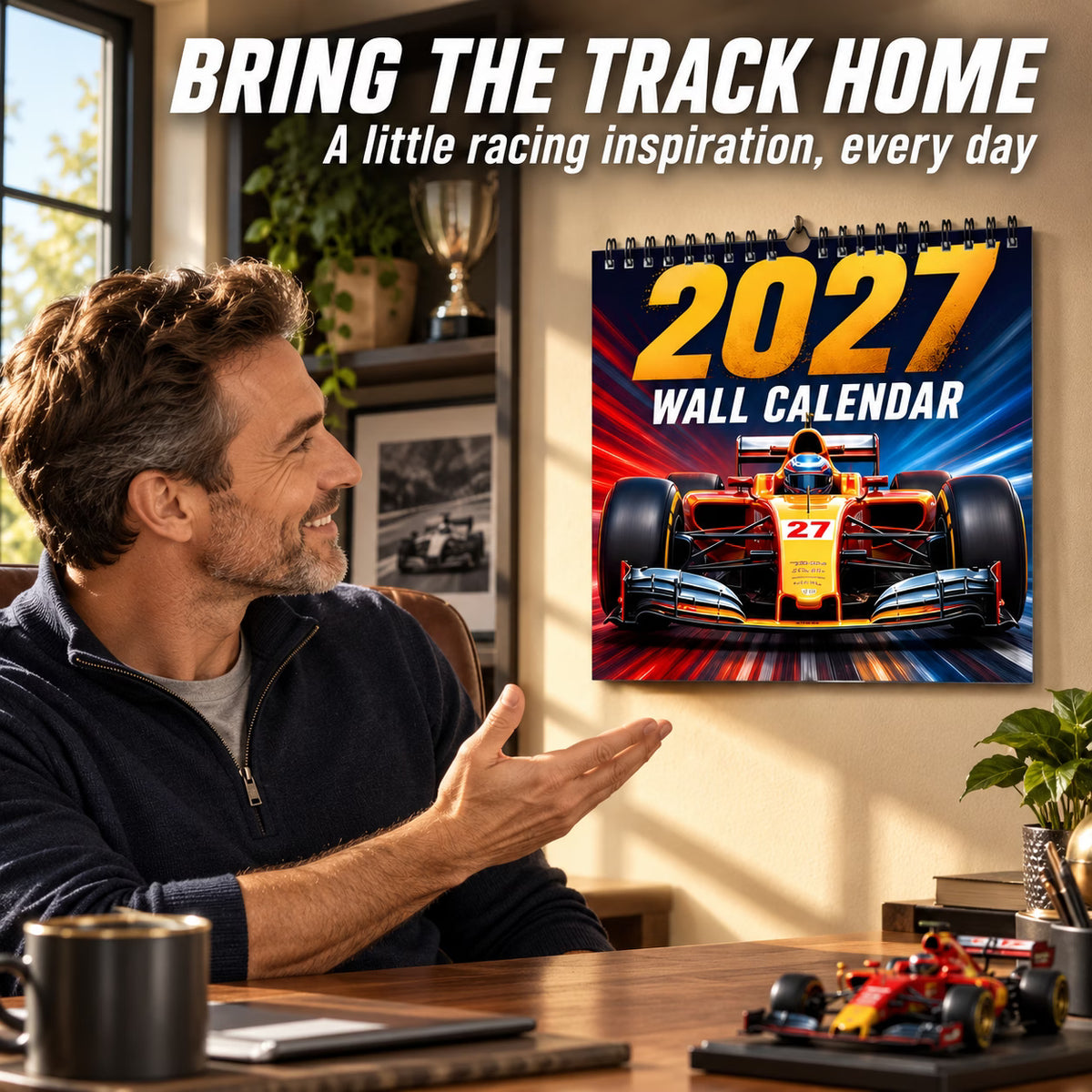Racing enthusiast admiring the colorful 2027 calendar in a motorsport-themed home office