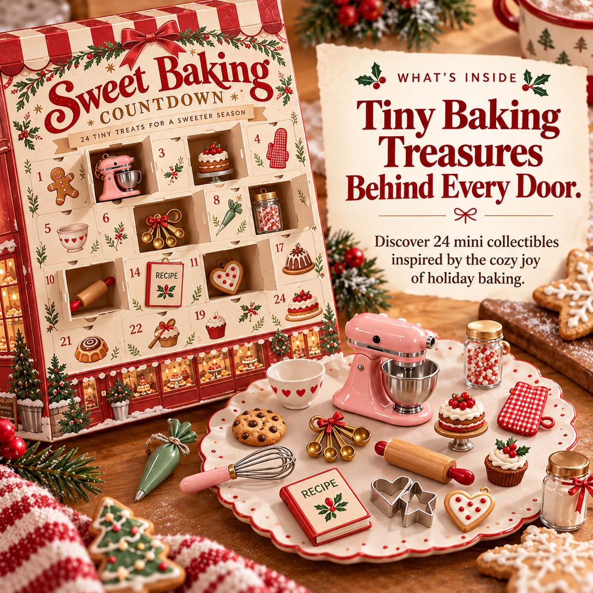 Baking-themed miniature treasures including a tiny pink stand mixer, miniature desserts and kitchen accessories