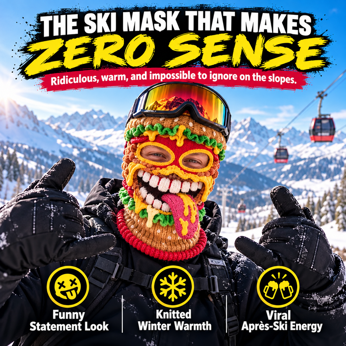 🍔 Burger Monster Knit Ski Mask – Funny Food Balaclava