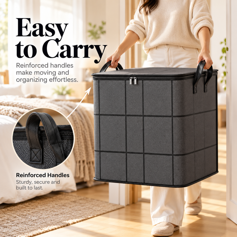 Person carrying the covered storage box using both side handles
