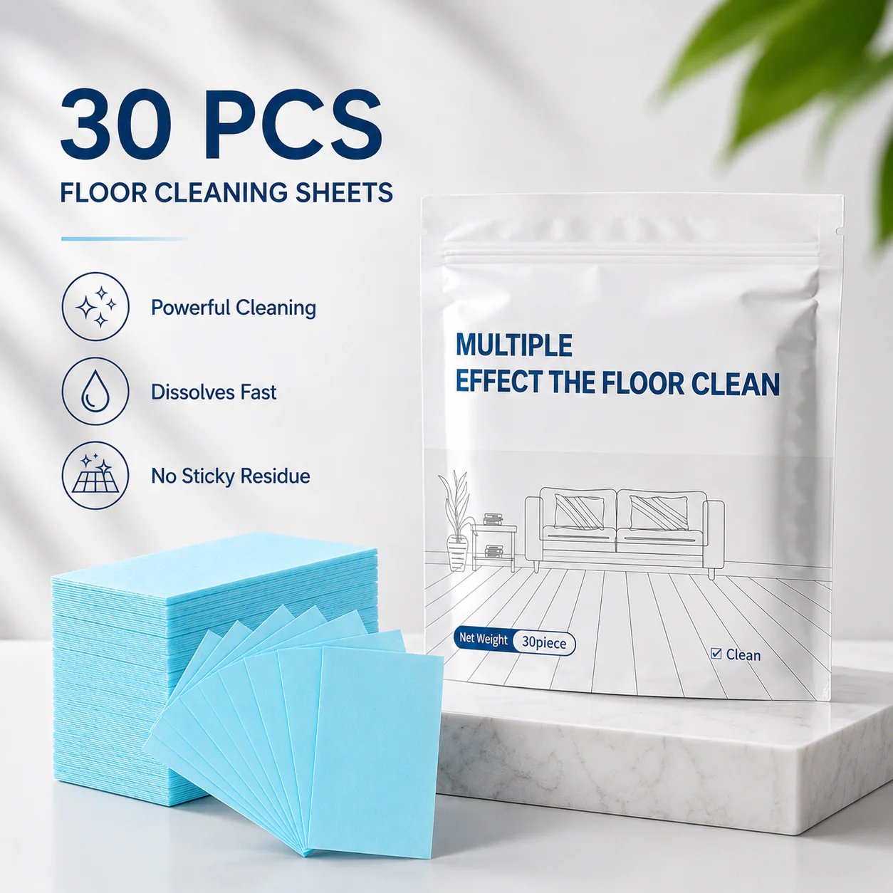 Thirty blue dissolvable floor cleaning sheets with compact resealable package