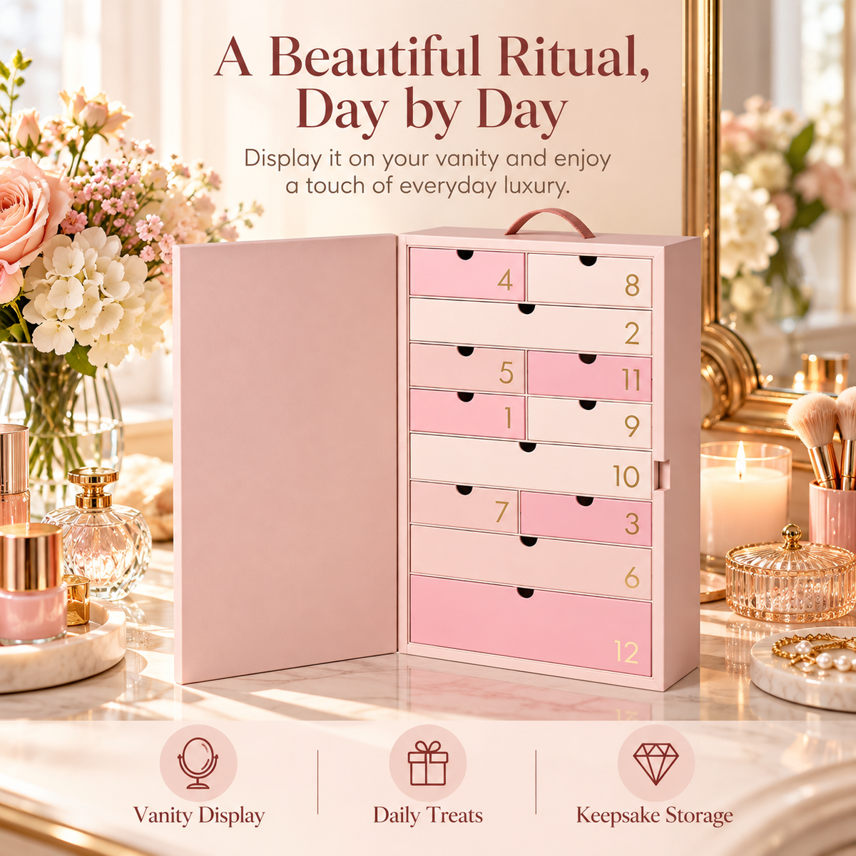 🎀 BeautyBloom™ 12-Day Advent Case – Elegant Beauty Countdown Box with Reusable Storage Drawers