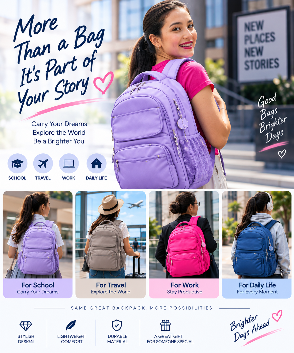 🎒 CarryEase™ Everyday Backpack – Lightweight & Roomy Multi-Pocket Bag for School, Travel & Daily Life