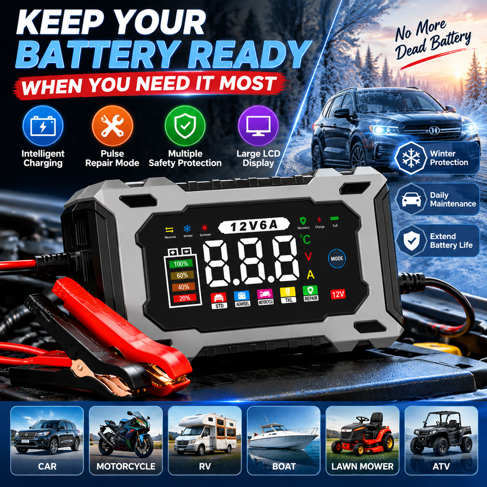 Gray 12V 6A smart battery charger with LCD screen and red and black charging clamps