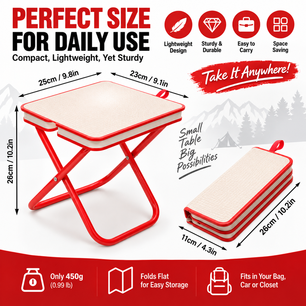 Lightweight portable folding stool weighing approximately 450 grams