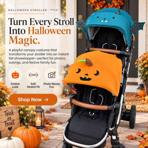 👻 SpookyStroll™ Halloween Stroller Costume – Cute Pumpkin & Bat Canopy Cover for Festive Family Fun