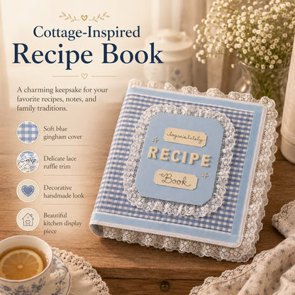 Handmade Blue Gingham Recipe Book – Lace-Trimmed Seasonal Recipe Organizer & Kitchen Keepsake