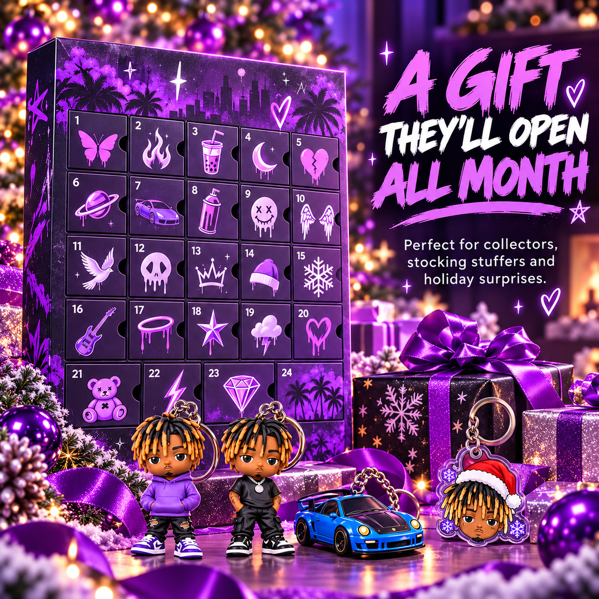 Street-style mystery advent calendar presented among purple Christmas gift boxes and festive decorations