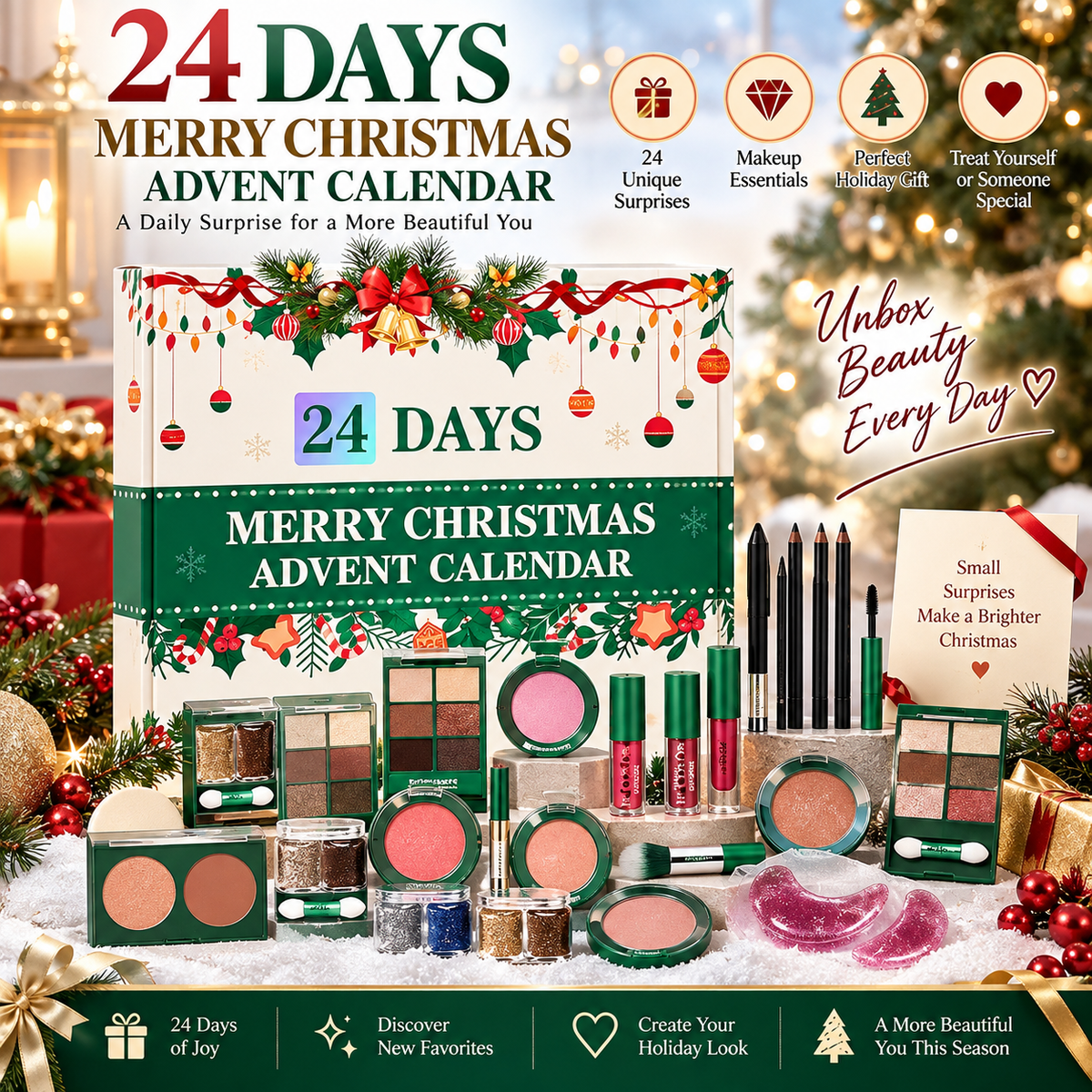 24-Day Beauty Advent Calendar for Women, Christmas Makeup Countdown Gift Set with Daily Cosmetic Surprises, Eyeshadow, Lip Gloss, Blush & Beauty Accessories, Holiday Gift for Girls & Makeup Lovers