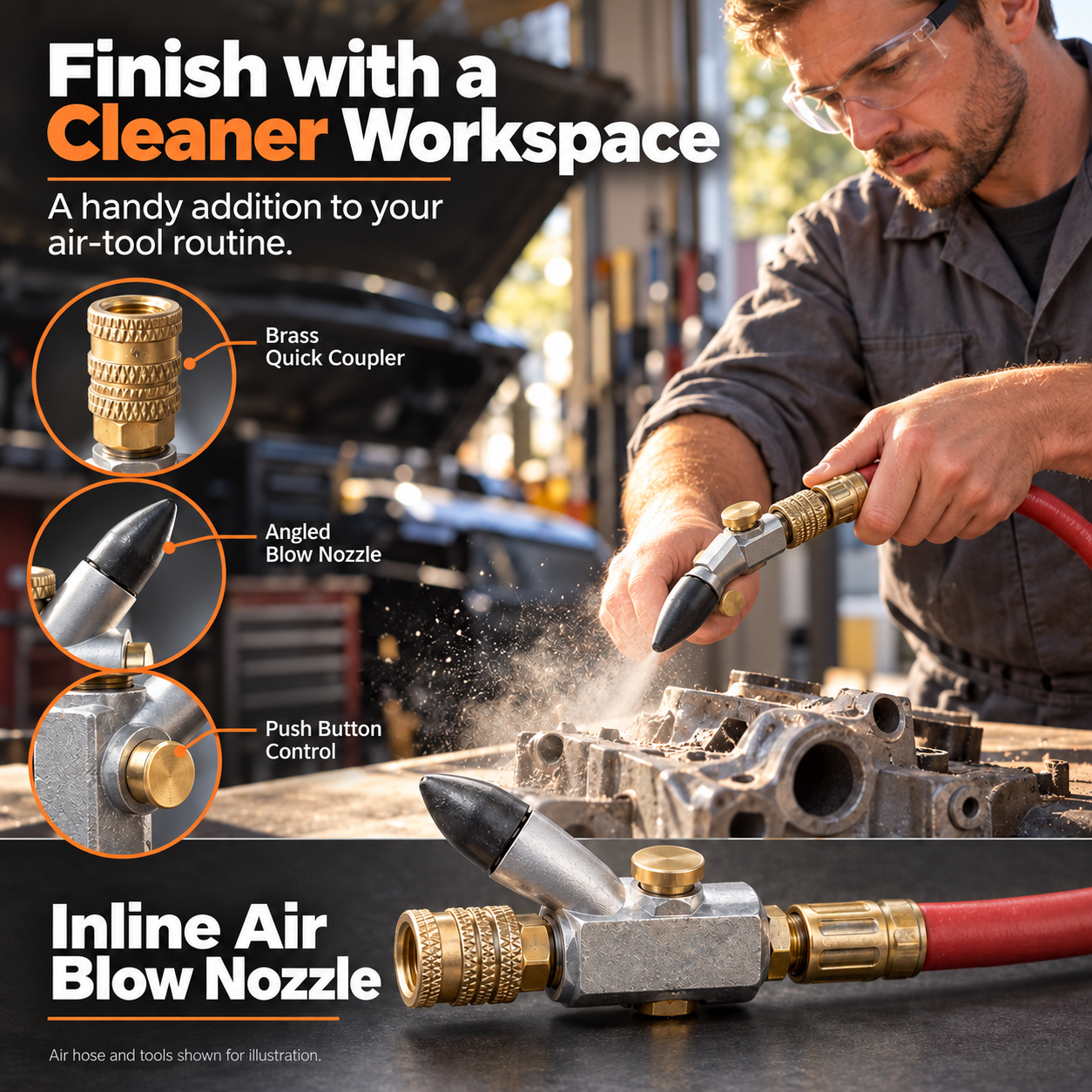 Mechanic using an inline air nozzle near an automotive component on a workshop bench