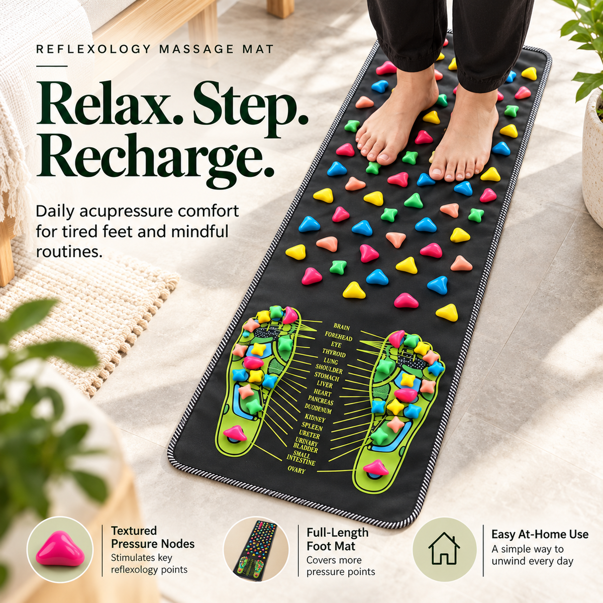 Reflexology Foot Massage Mat, Full-Length Acupressure Walking Mat with Textured Pressure Nodes, Foot Relaxation & Massage Pad for Home, Office and Daily Wellness