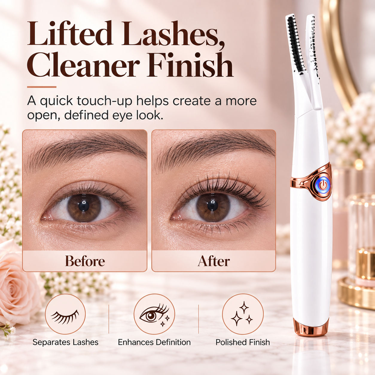 Seller before and after visualization showing a more lifted and separated lash appearance