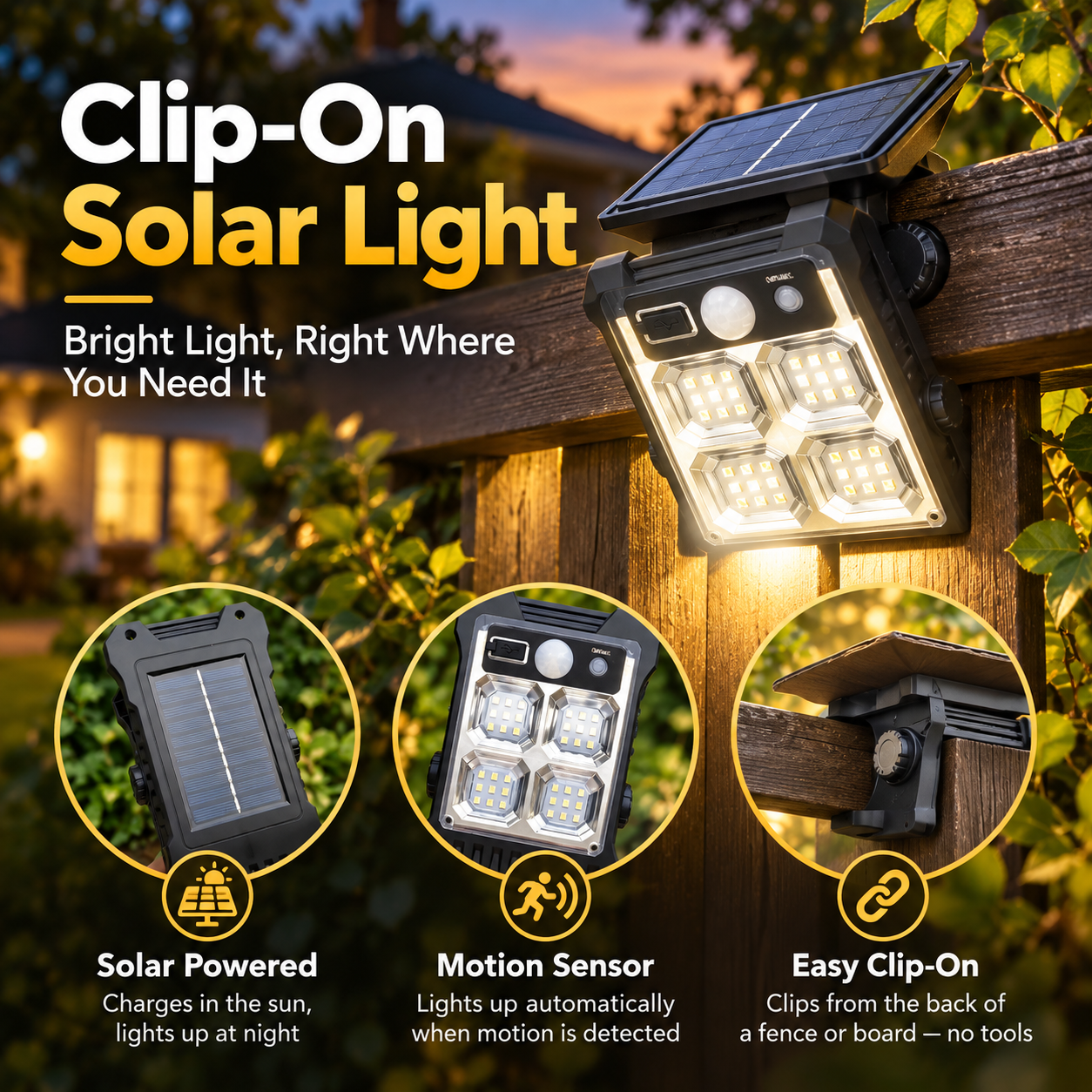 Black clip-on solar LED light attached to a fence at dusk with visible solar panel and motion sensor
