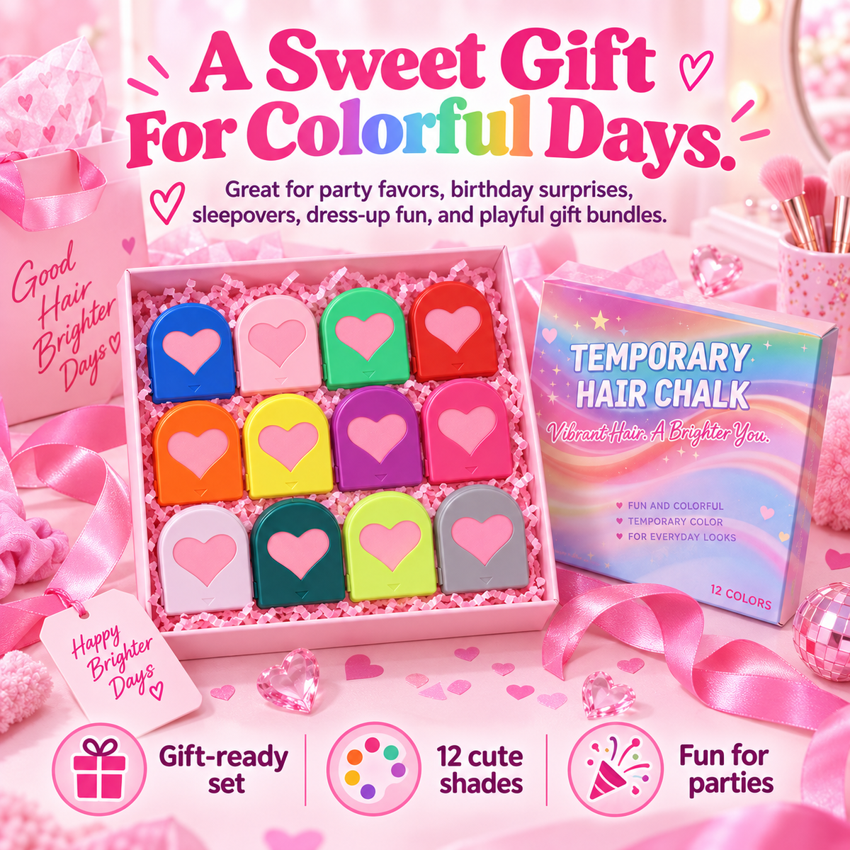 🌈 ColorPop™ Temporary Hair Chalk Set – 12-Color Instant Hair Transformation Kit
