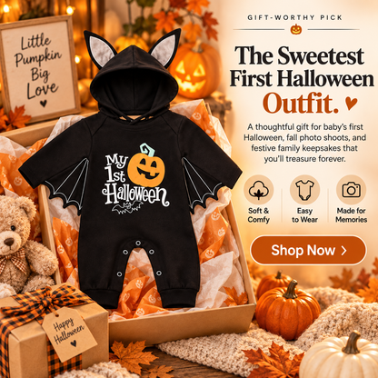 🦇 Little Boo™ My First Halloween Bat Romper – Adorable Hooded Baby Costume with Wings
