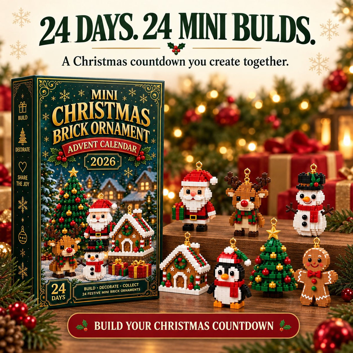 Christmas brick ornament Advent calendar surrounded by miniature Santa, reindeer, snowman and festive builds