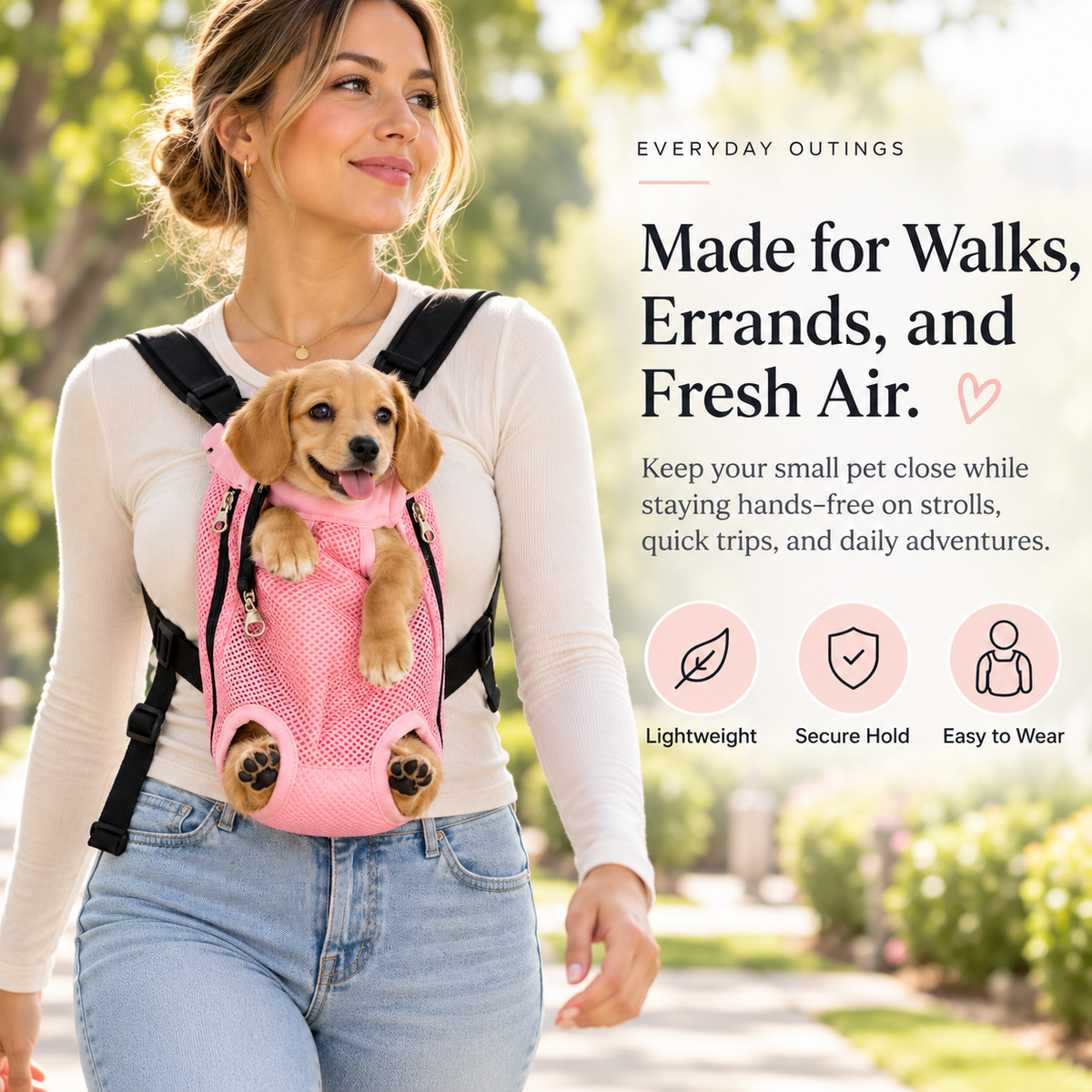 Woman walking outside in the sunshine while carrying a small dog hands-free in a front mesh backpack