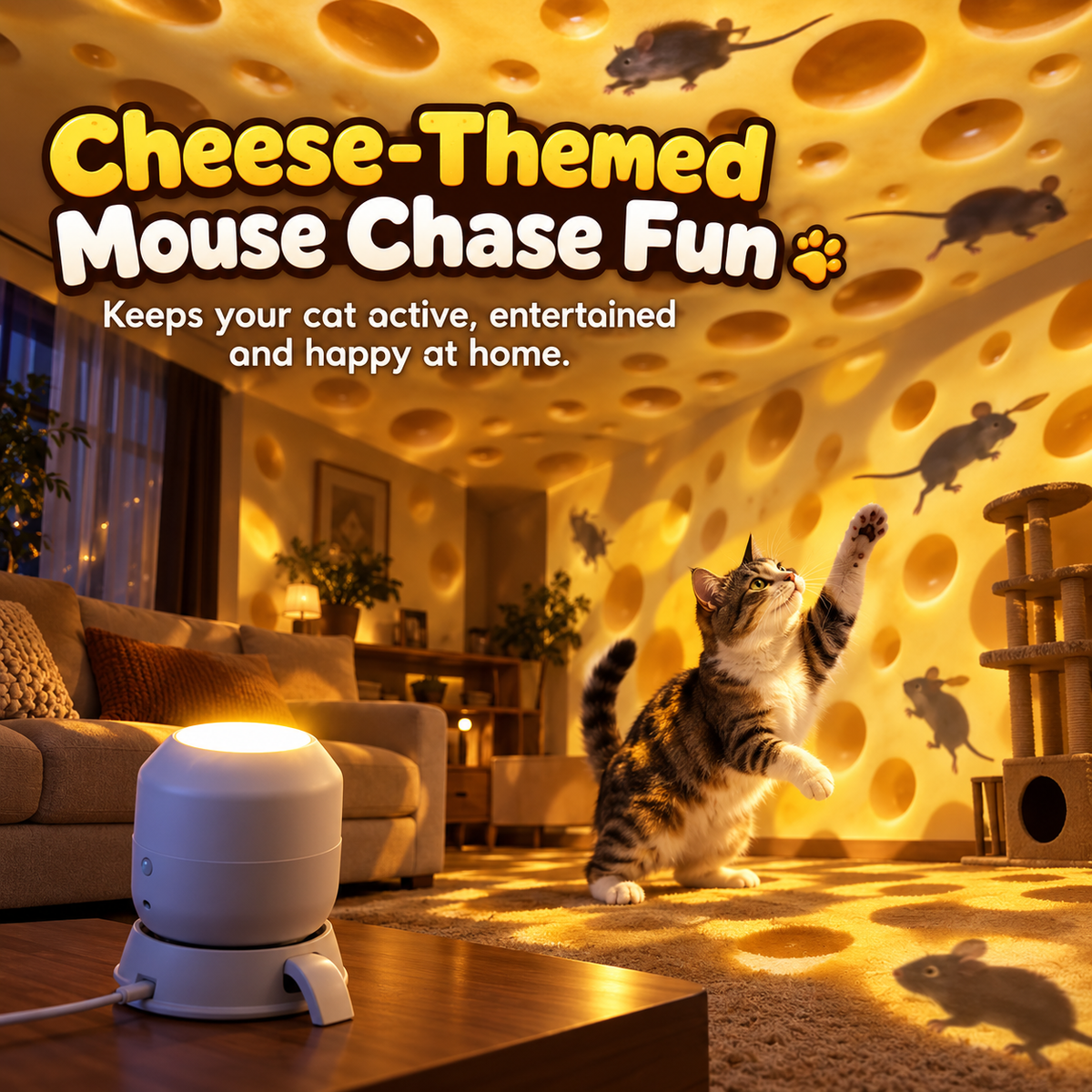 Cat playing with a cheese and mouse themed indoor projector toy