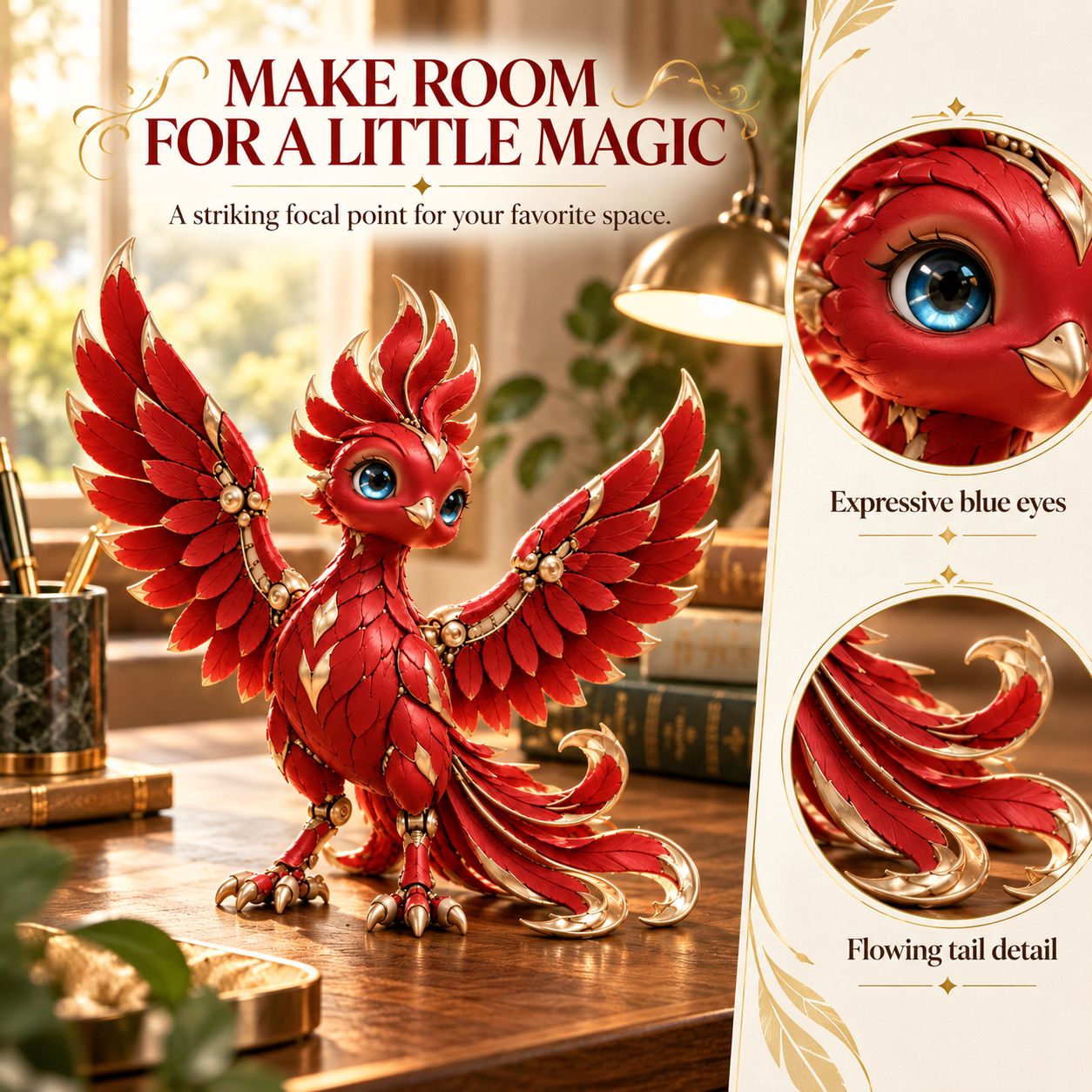 Phoenix displayed on a tabletop, with close-up views of its blue eye and flowing red tail