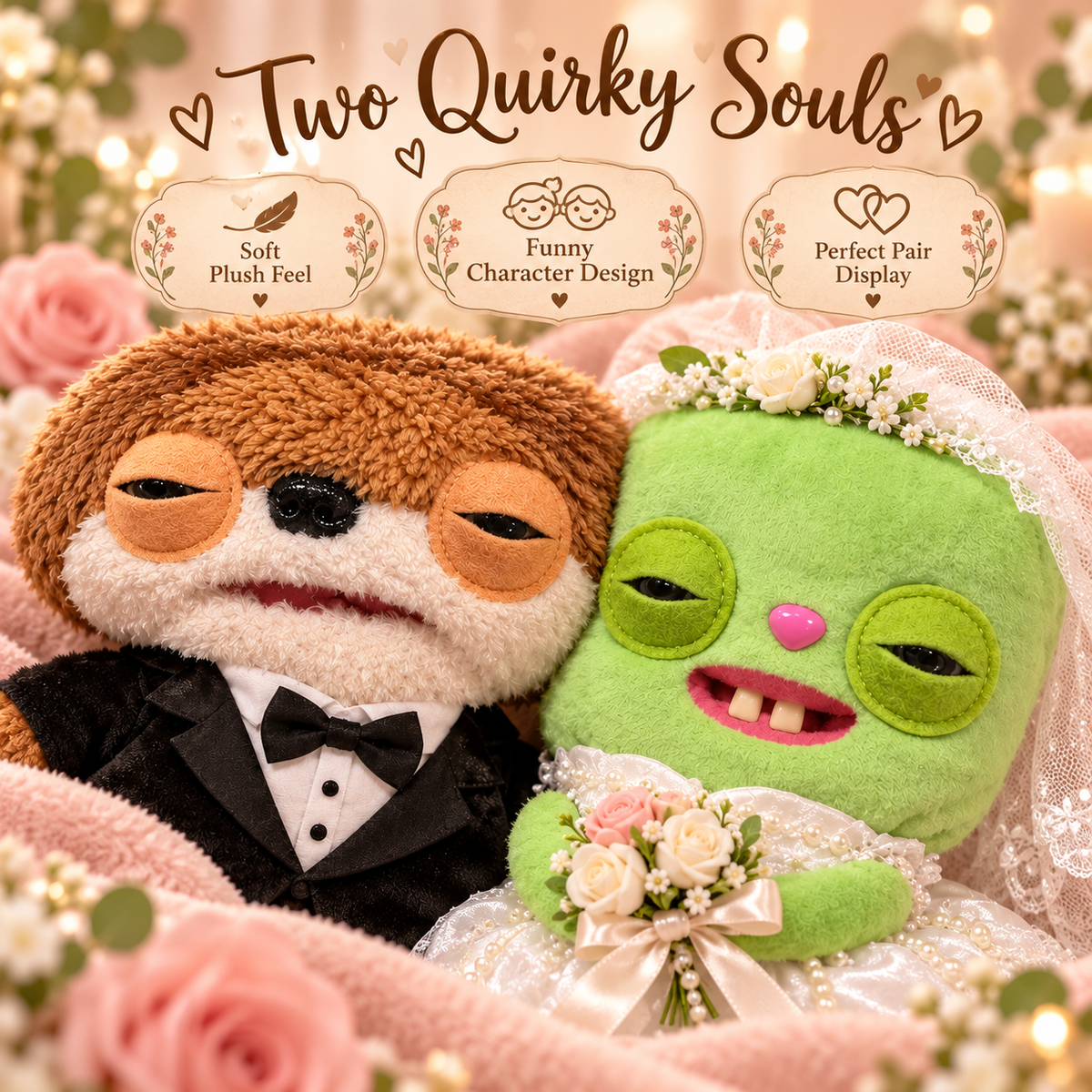 💕 OddlyEverAfter™ Wedding Plush Couple – Funny Bride & Groom Stuffed Animal Gift Set