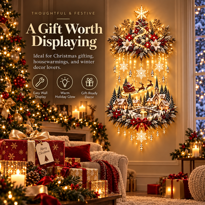 Lighted Christmas Wall Hanging Decor, Warm White LED Holiday Wall Decoration with Snowflakes, Santa Sleigh & Winter Village, Festive Christmas Home Decor for Living Room, Entryway & Fireplace