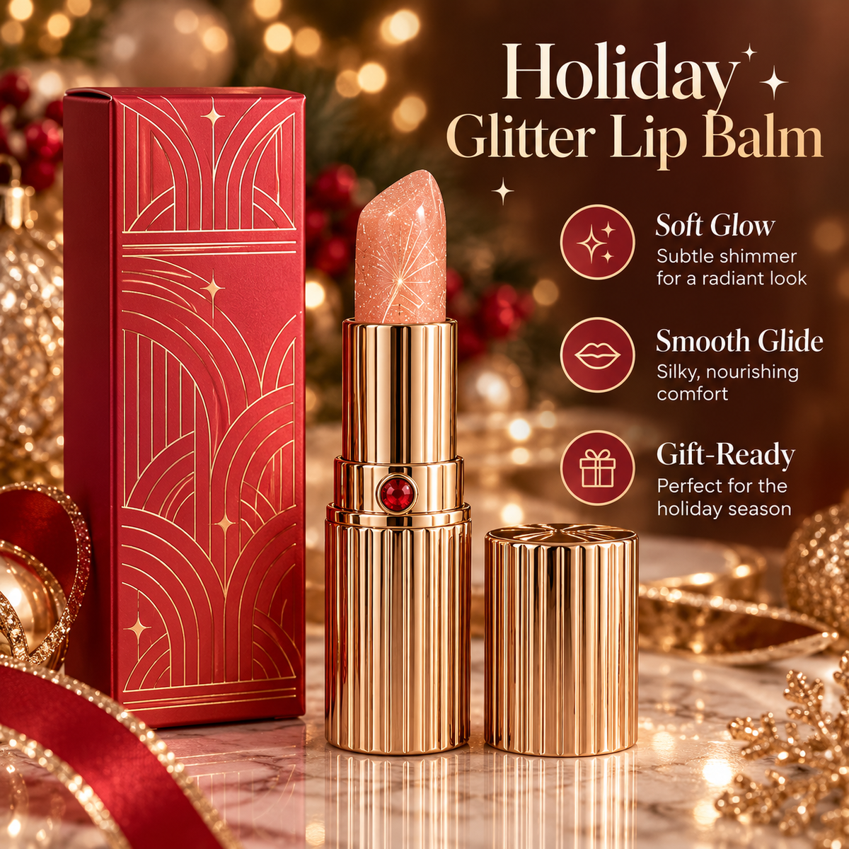 Holiday glitter lip balm with gold-tone tube, decorative red carton and matching cap