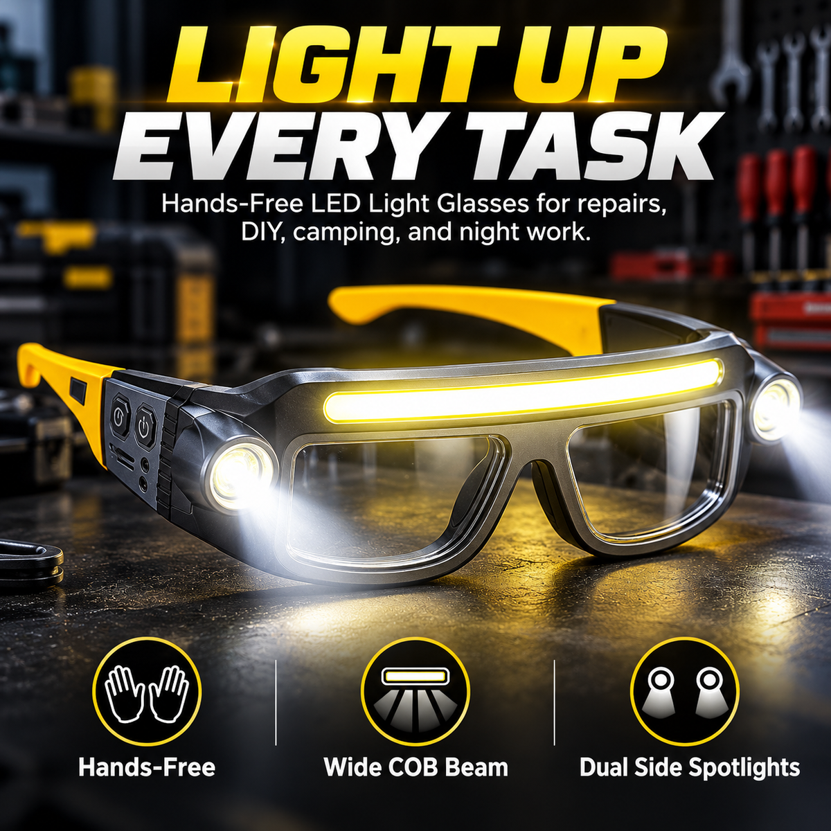 🔦 BrightSight™ Hands-Free LED Work Glasses – Wide Beam Lighting for Repairs, DIY & Night Work