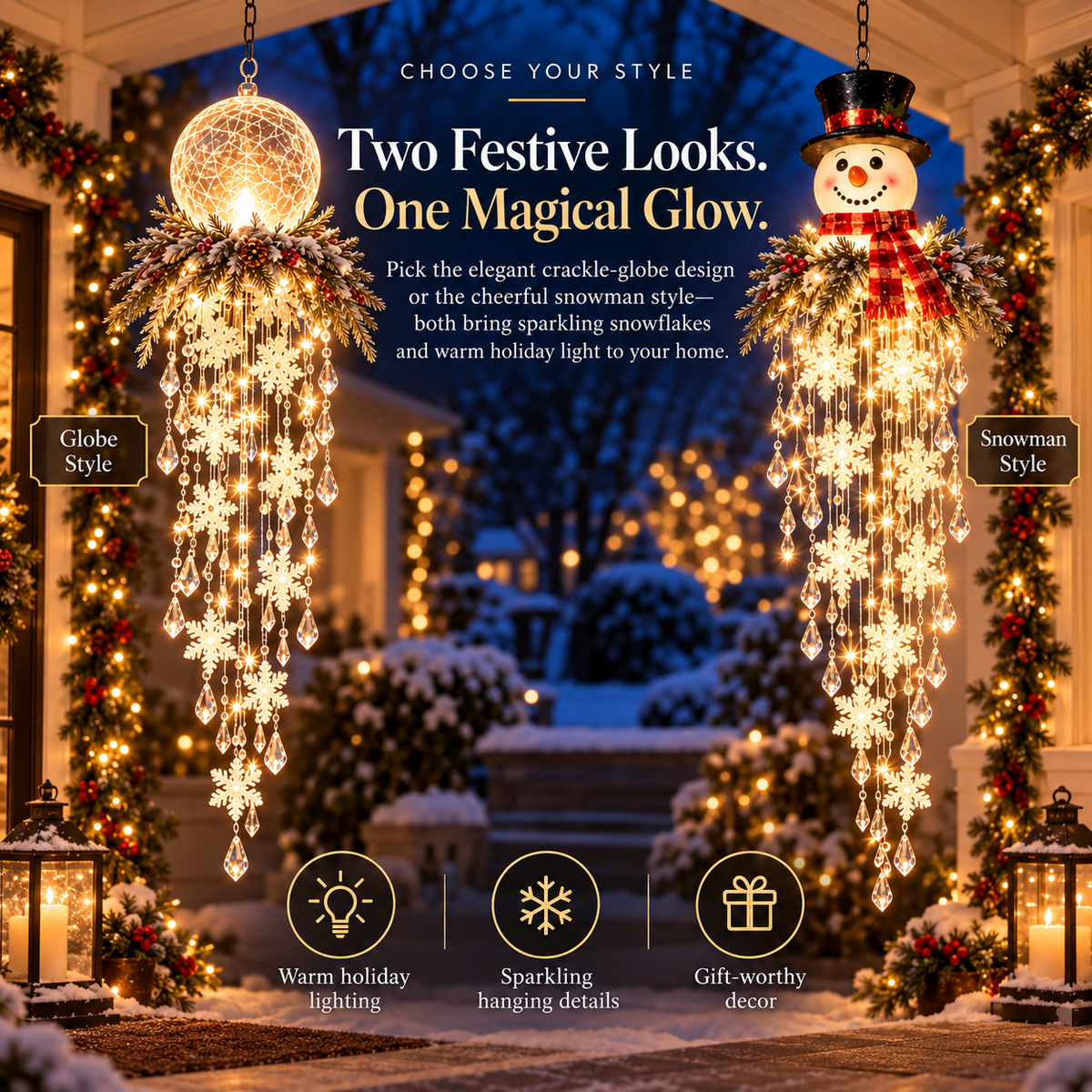 SnowGlow holiday hanging light showing globe and snowman style inspiration