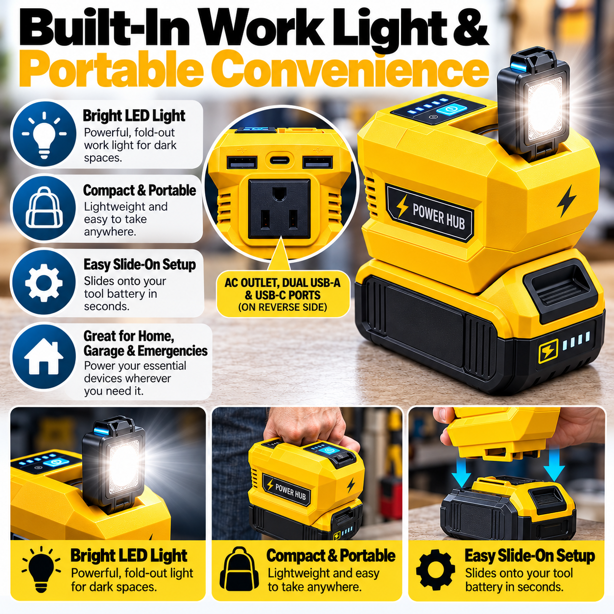 Adapter with its LED work light unfolded, plus carrying and battery attachment views