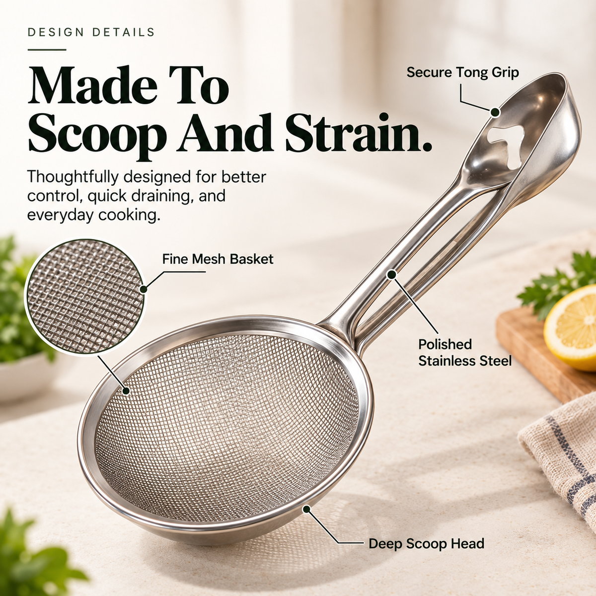 🍟 FryGrip™ 2-in-1 Oil Draining Tongs – Stainless Steel Deep-Fry Strainer & Food Grabber