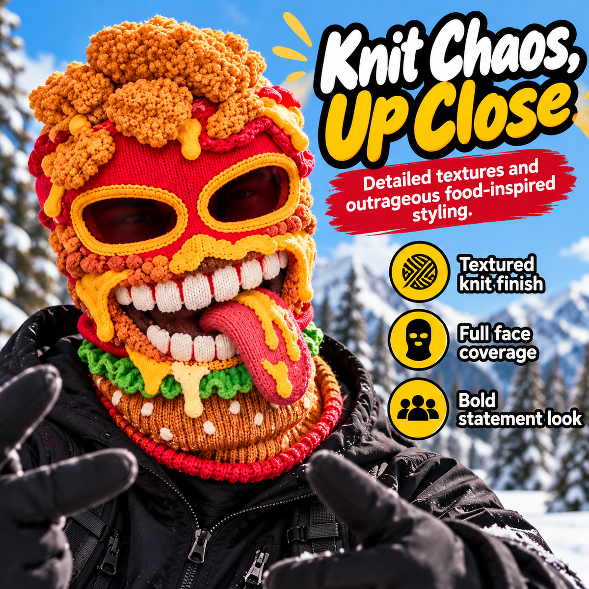 Funny Food Balaclava Ski Mask, Novelty Knitted Full Face Mask with Stretch Fit, Warm Winter Head Cover for Skiing, Snowboarding, Streetwear, Parties & Costume Fun