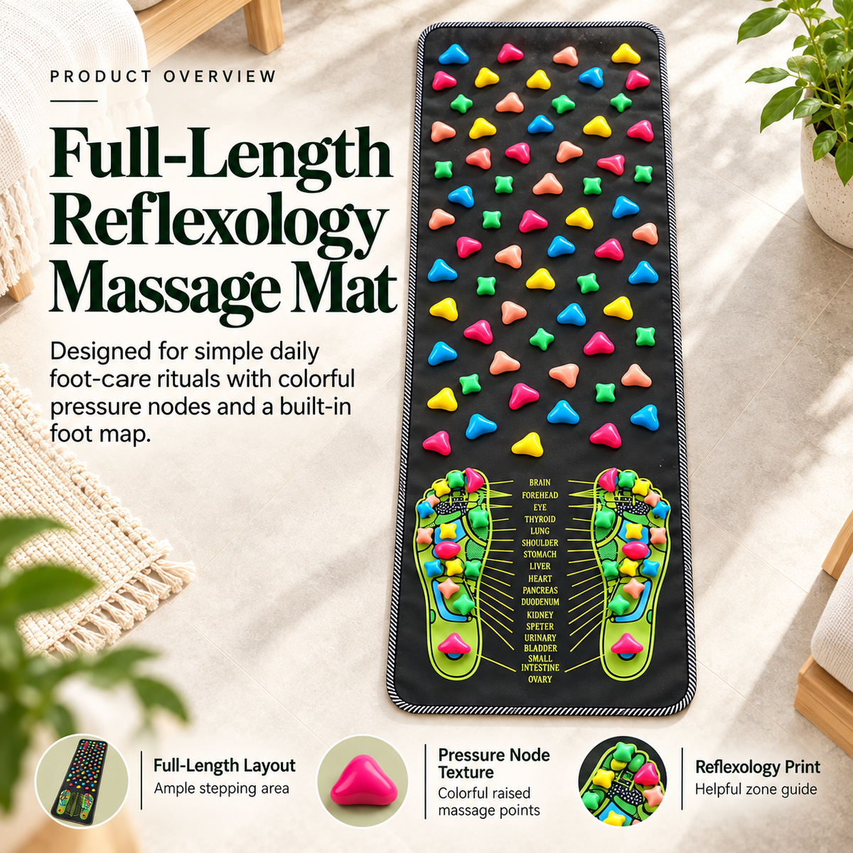 Reflexology Foot Massage Mat, Full-Length Acupressure Walking Mat with Textured Pressure Nodes, Foot Relaxation & Massage Pad for Home, Office and Daily Wellness
