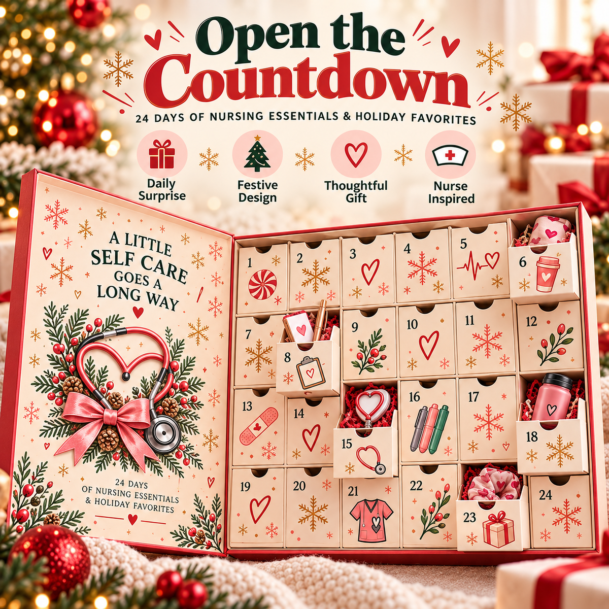 Opened nurse countdown calendar with 24 numbered compartments