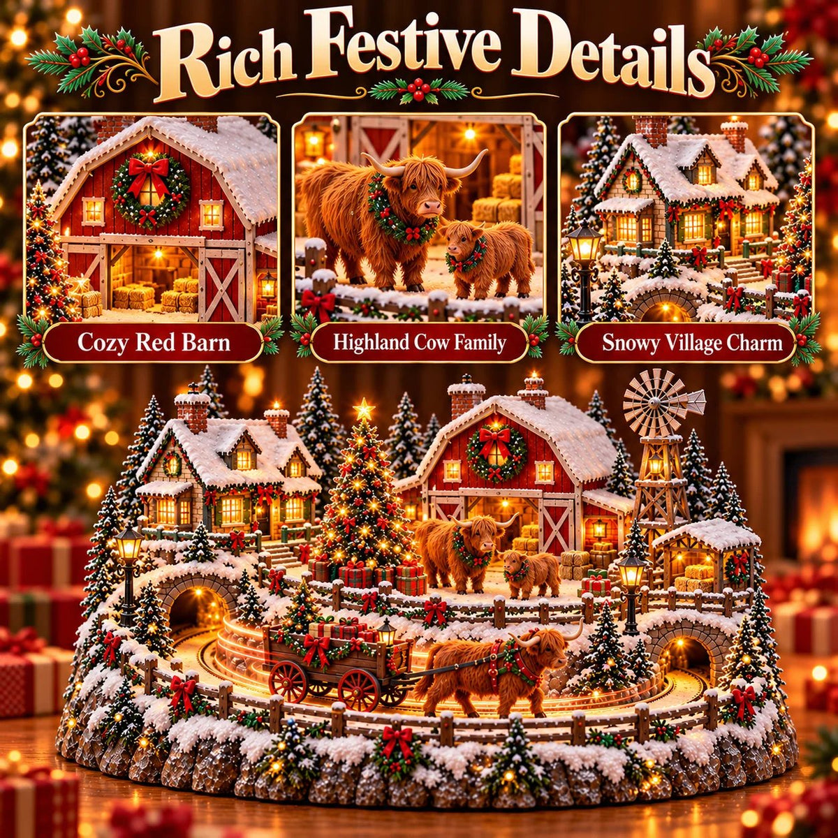 🤠 Highland Cow Christmas Farm Village – Lighted Farmhouse Holiday Décor 🎄✨