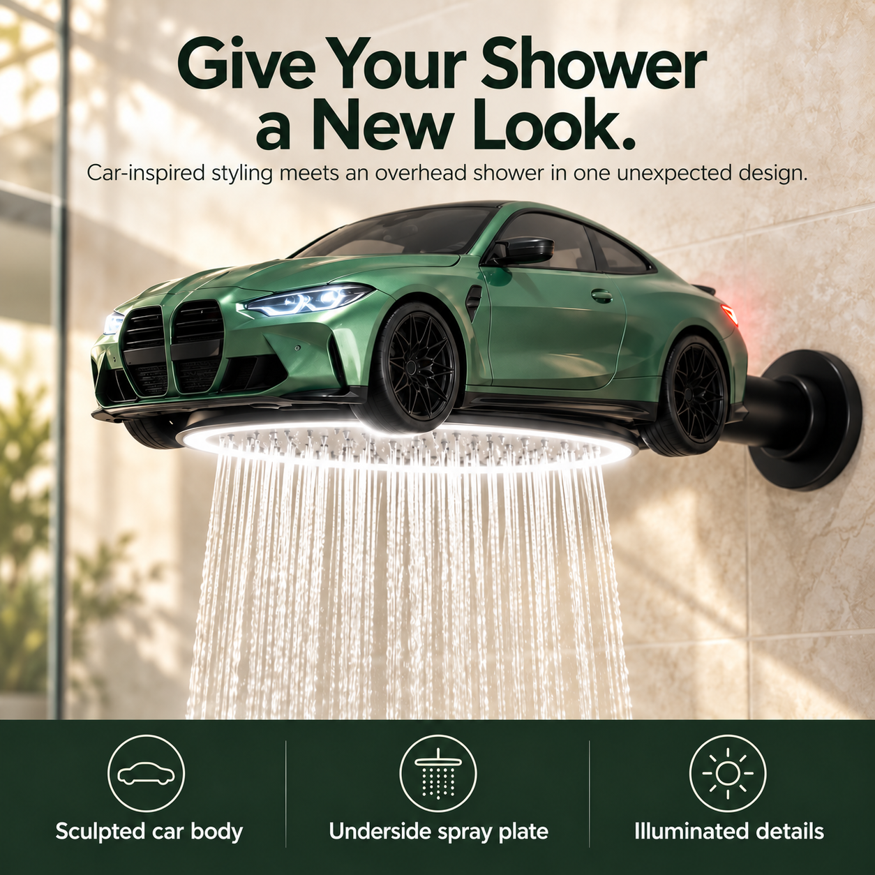 Green sports-car-shaped rainfall shower head with illuminated spray ring
