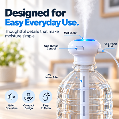 MistMate™ Bottle-Top USB Humidifier – Compact Cool-Mist Setup